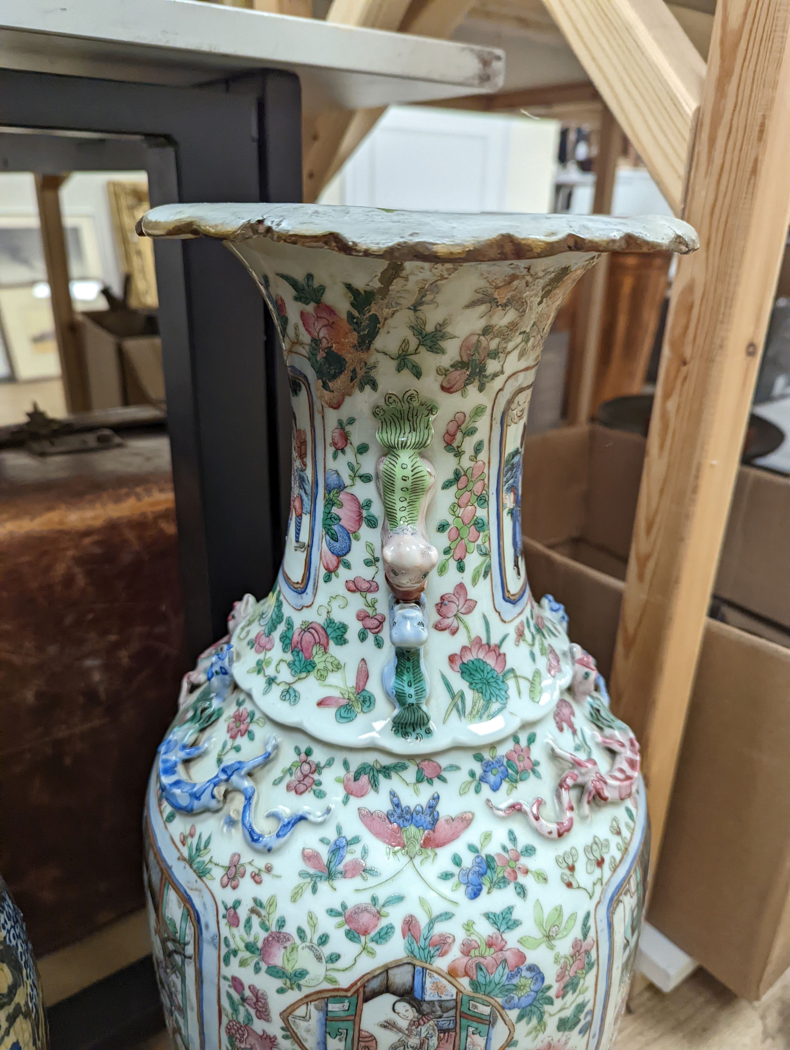 A large Chinese crackle glaze vase, late 19th/early 20th century and a large Chinese famille rose vase, late 19th century, tallest 60 cm.